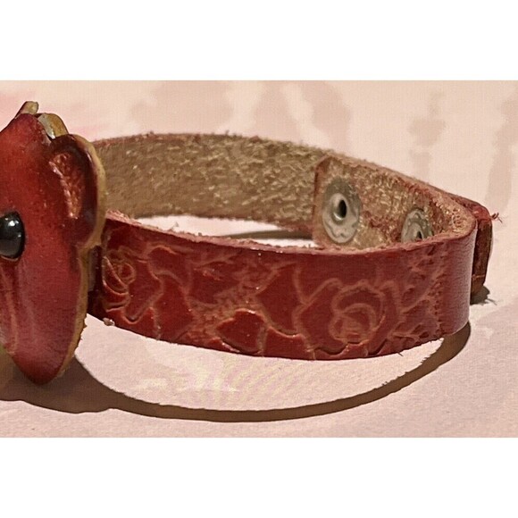 Red Leather Teddy Bear Face Bracelet Boho Floral Tooled Embossed Southwestern - Picture 4 of 12